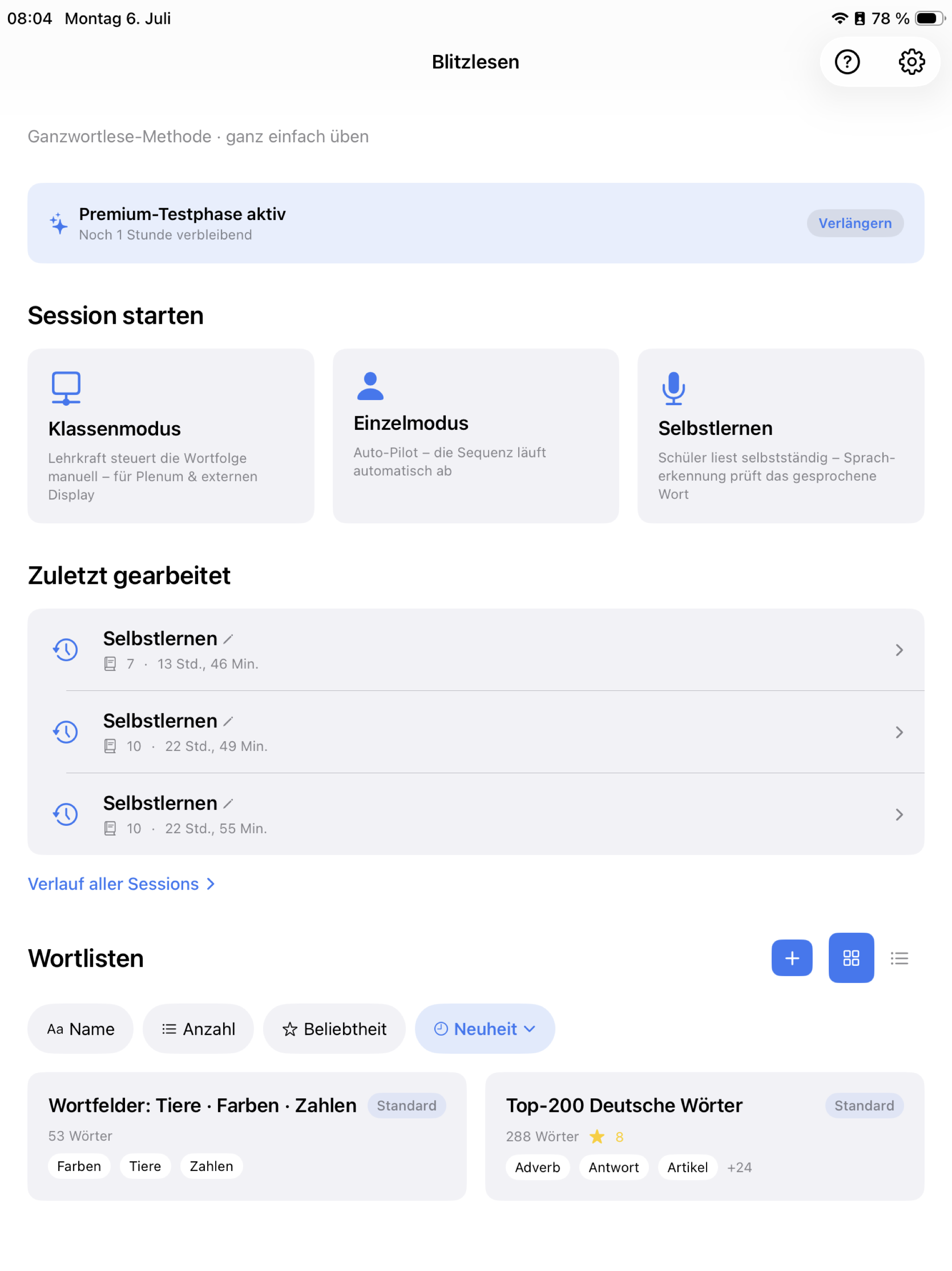 Startbildschirm der LeseFlow Pro App mit allen drei Modi und Wortlisten-Übersicht